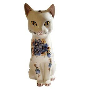 Vintage Cat Statue INTRADA Italian Porcelain Blue Floral Figurine 10.5"